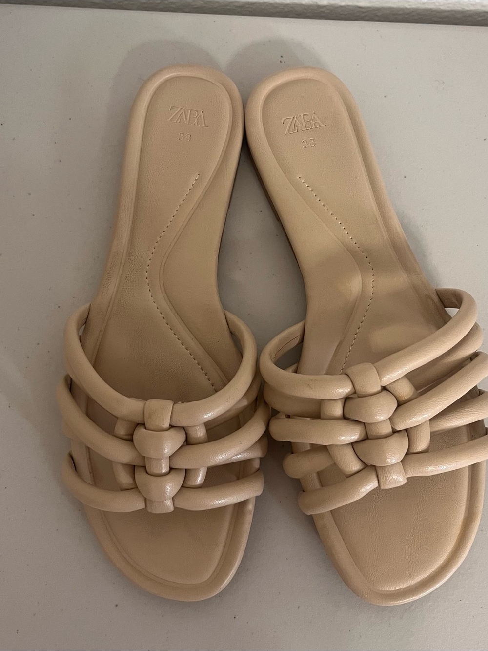 Zara Neutral Braided Tube Strap Slide Sandals - Light Beige Cream EU 38